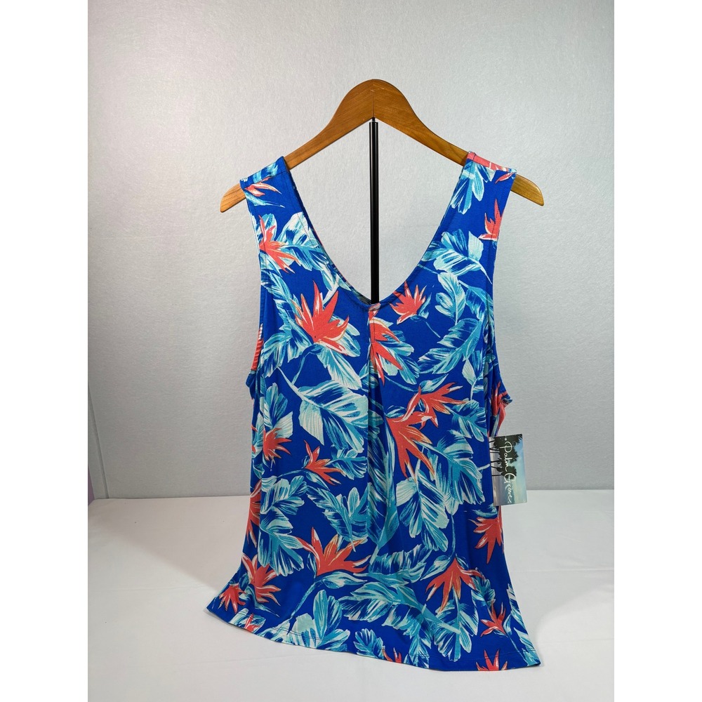 Palm Grove Womens XL Tropical Floral V-Neck Tank Top Blue Orange Rayon Spandex